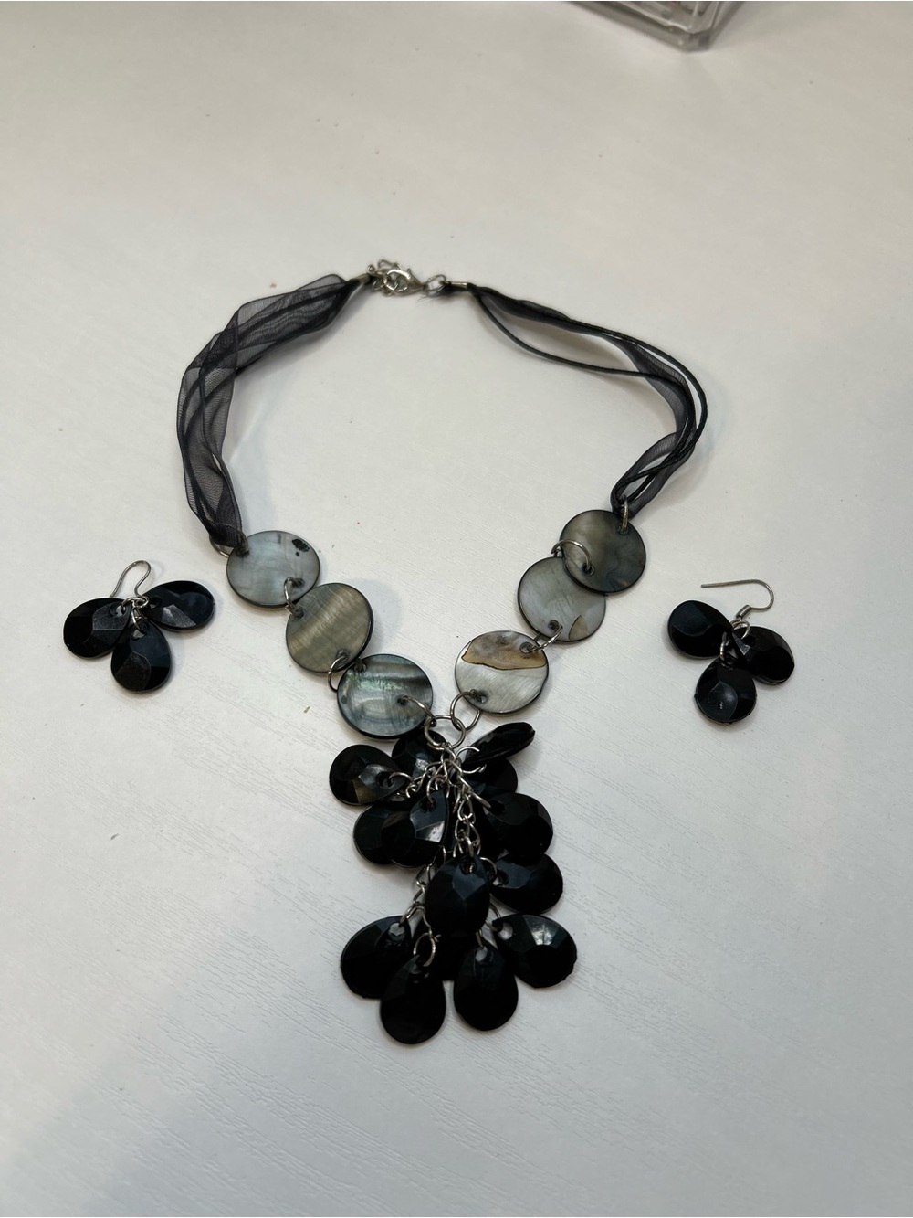 Vintage Black Shell Disc Cluster Necklace and Earring Set.